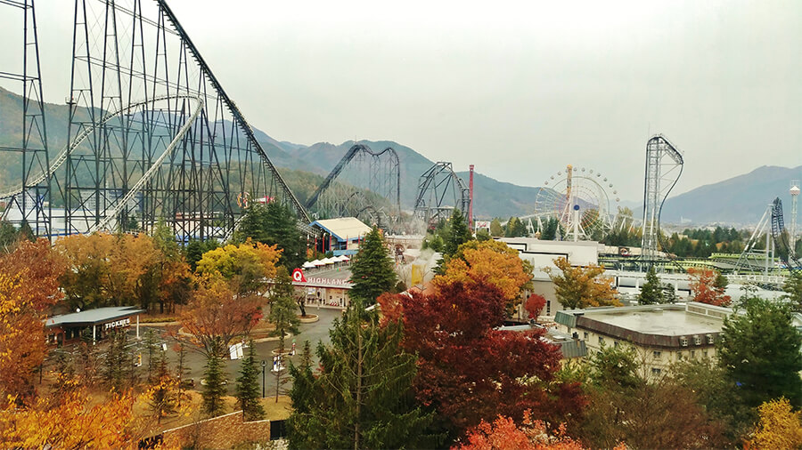 Seats facing Fuji-Q Highland feature a grand view of roller coasters