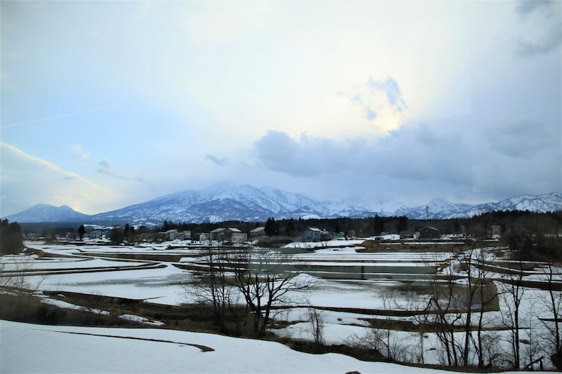雪國新潟冬季的招牌景色，正是眼前這片銀白色的山嵐與田園