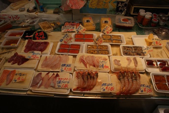 seafood hunt through three long rows of stalls