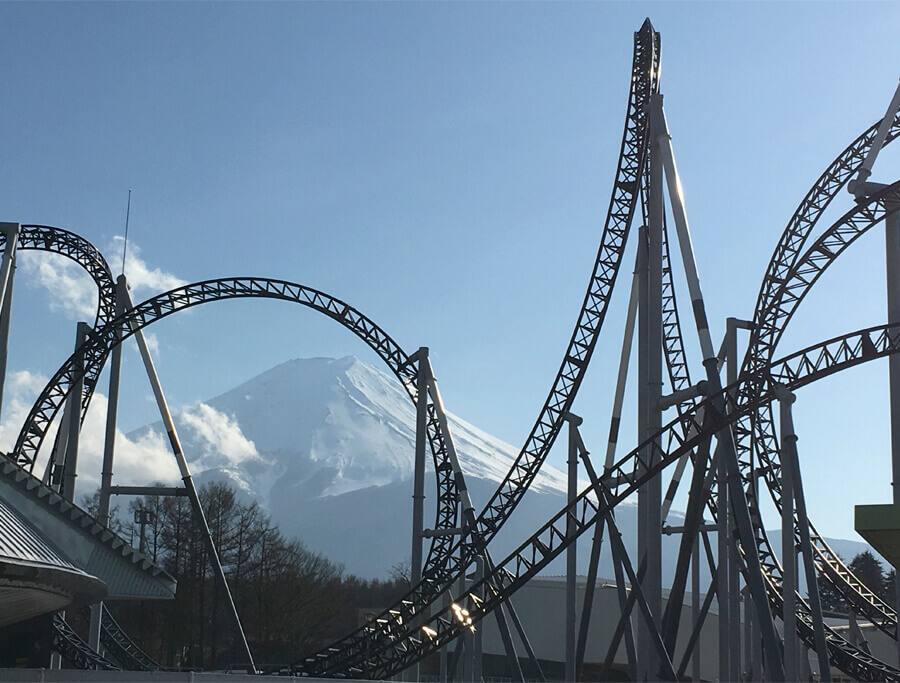 Fuji Q Highland thrilling rides with a view of Mt. Fuji