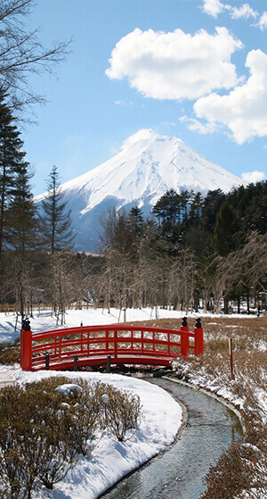 A view of Mt Fuji comes in sight with traditional Japanese garden at Ninja Village