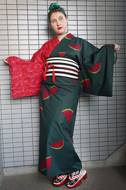Watermelon yukata designed by SALZ Tokyo. “Watermelons give the ultimate summer vibes. Lace tabi ( Japanese socks with split toe) cover up naked feet but are still breathable in the heat.”
