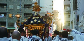 Backstage at Sanja Matsuri in Asakusa Nishiasa Sankita (Nishiasakusa Sanchome Kita Chokai) mikoshi carrying