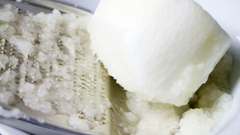 A picture shows Japanese grater, Oroshigane, and grated Japanese radish,  daikon-oroshi, in Tokyo on May