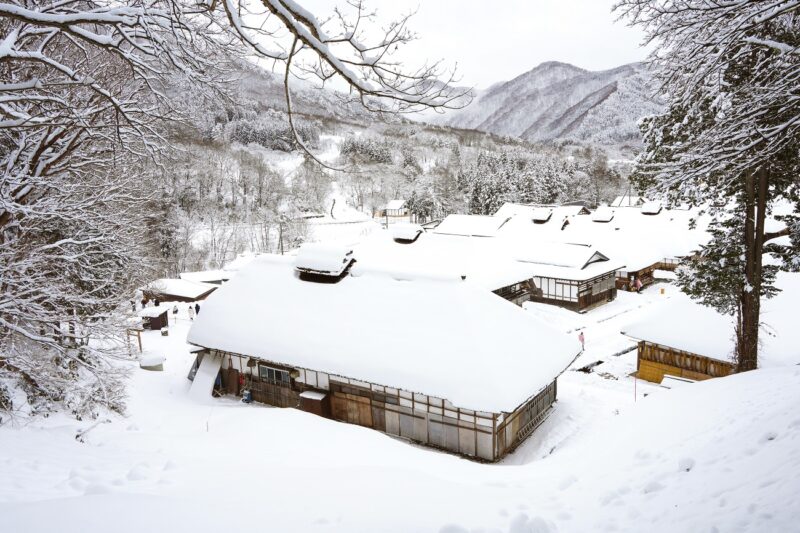 Overlooking Ouchi-Juku village covered in snow