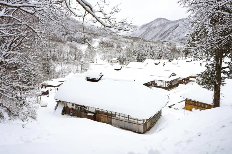 Overlooking Ouchi-Juku village covered in snow